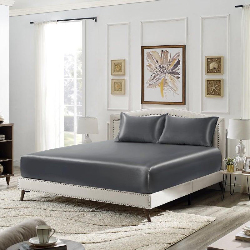 SiinvdaBZX 3-Piece Set Satin Queen Fitted Sheet & 2 Pillowcase  Grey Silky Soft Fitted Bottom Sheet  Wrinkle Free  Fade Resistant  Deep Pocket Bed Sheet (Deep Up to 15"") - Image 4